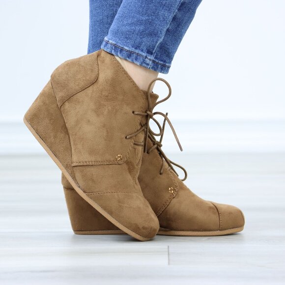 Tan Faux Suede Round Toe Wedge Heel Lace Up Ankle Boots - Picture 6 of 12